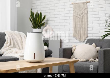 Moderner Luftbefeuchter auf Couchtisch in der Nähe des schwarzen Sofas im Wohnzimmer Stockfoto