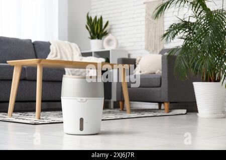 Moderner Luftbefeuchter auf dem Boden in der Nähe eines schwarzen Sofas im Wohnzimmer Stockfoto