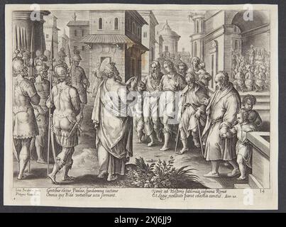 Kupferstich mit Figuren, Gesten und architektonischen Elementen des Heiligen Paulus in Rom von Adriaen Collaert, Jan van der Straet und Philips Galle, die den niederländischen und flämischen Gravurstil des 16. Jahrhunderts illustrieren. Stockfoto