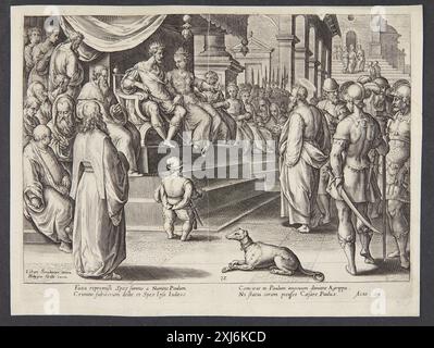 Kupferstich von Adriaen Collaert (1558-1618) nach Jan van der Straet (1523-1605) und Philips Galle (1537-1612) mit der Darstellung von St. Paul vor Festus und Agrippa. Zeigt biblische Figuren, Gerichtssaal-Szene und erzählerische Komposition. Stockfoto