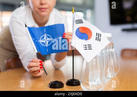 Nationalflagge Südkoreas und NATO-Flagge auf dem Verhandlungstisch Stockfoto