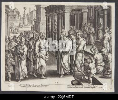 Kupferstich, der die Blendung von Elymas zeigt, erstellt von Adriaen Collaert, Philips Galle und Jan van der Straet, und veranschaulicht eine biblische Strafszene. Stockfoto