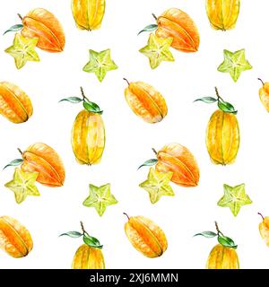 Nahtloses Aquarellmuster mit Sternenfrüchten und Blättern auf weißem Hintergrund für lebendiges Design Stockfoto