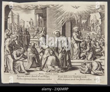 St. Peter, St. Johannes und St. Philipp Hand auf die Getauften legen in Samaria Galle, Philips 1537 - 1612, Heemskerck, Maarten van 1498 - 1574, Galle, Philips 1537 - 1612 Kupferstich, Print Tegninger af Maerten van Heemskerck: Illustreret Katalog, Jan Garff, 128, 42279, 1971. Niederländische und flämische Radierungen, Stiche und Holzschnitte von New Hollstein 1450-1700, Maarten van Heemskerck, Teil I-II, Ilja M. Veldman, 404 II, 55173, 1993-1994. The New Hollstein Dutch and Flämische Radierungen, Stiche und Holzschnitte 1450-1700, Philips Galle, Teil I-IV, Manfred Sellink, 199 II, C 39355, 2001 St. Peter, Stockfoto