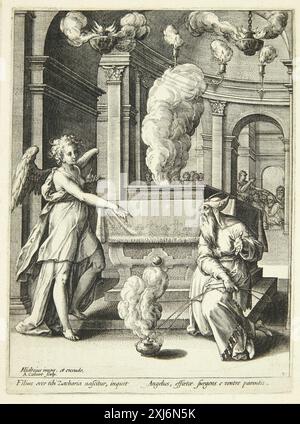 Kupferstich von Adriaen Collaert und Hendrick Goltzius, der die Verkündigung an Johannes zeigt, mit biblischen Figuren und detaillierter Komposition im niederländischen und flämischen Stil. Stockfoto