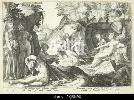 Diana entdeckt Kallistos Schwangerschaft Goltzius, Hendrick 1558 - 1617, Goltzius, Hendrick 1558 - 1617 Kupferstich, Druck der Niederländisch-flämische Radierungen, Stiche und Holzschnitte 1450-1700, Hendrick Goltzius, Teil I-IV, Marjolein Leesberg, 558 I, C 48058, 2012 Diana opdager Kallistos svangerskab Stockfoto