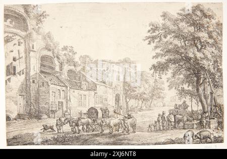 Zufahrtsstraße in einem Dorf Vlieger, Simon de 1600 - 1653 Ätzen, Drucken Hollsteins niederländische und flämische Radierungen, Stiche und Holzschnitte 1450-1700 (Vol. XIV), Meer - Ossenbeeck, F.W.H. Hollstein, 9 III, C 38945, 1956. the Illustrated Bartsch 1, Dutch Artists, van Laer, Vlieger, Potter, de Bije m.fl., Leonard J. Slatkes, 9, C 36164, 1978 Indfaldsvej i en landsby Stockfoto