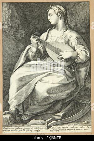 Ein Kupferstich von Hendrick Goltzius und Claes Jansz Visscher, der Terpsichore, die Muse des Tanzes, zeigt detaillierte Figur, Haltung und fließende Kleidung. Stockfoto