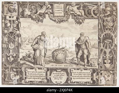Kupferstich von Dirk Volkertsz Coornhert, Maarten van Heemskerck und Adriaen Collaert mit Heraklitus und Demokritus als Allegorie für Ausdauer und Nachsicht. Stockfoto