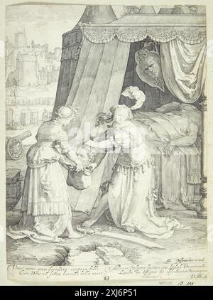 Kupferstich von Jan Saenredam nach Lucas van Leyden, der Judith darstellt, Holofernes zu enthaupten. Die Szene zeigt Judith mit einem Schwert und Holofernes, die die biblische Geschichte von Mut und Erlösung illustriert. Stockfoto