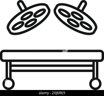Linienzeichnung eines Operationstisches mit herunterleuchtenden Deckenleuchten, die einen sterilen und vorbereiteten Operationssaal darstellen Stock Vektor