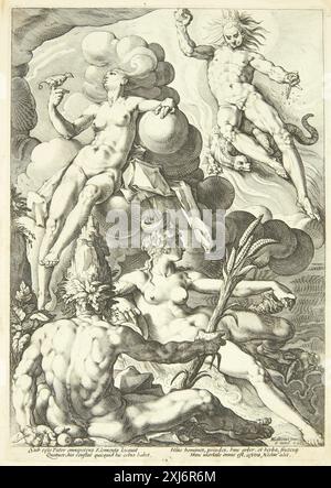 Kupferstich von Jacob Matham nach Hendrick Goltzius mit den vier klassischen Elementen Erde, Wasser, Luft und Feuer. Der Druck zeigt symbolische Figuren, die jedes Element repräsentieren und die allegorische Kunst der Niederlande aus dem 17. Jahrhundert veranschaulichen. Stockfoto