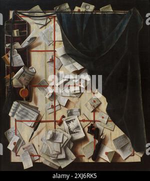 Dieses Gemälde von Cornelius Norbertus Gijsbrechts zeigt eine Trennwand mit Briefträger und einem Musikbuch, die Trompe l'oeil-Illusion, Perspektive und detaillierte Stilllebenselemente in niederländischer Kunst des 17. Jahrhunderts zeigt. Stockfoto