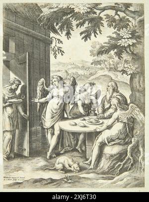 Kupferstich von Adriaen Collaert und Hendrick Goltzius, der die Verkündigung an Isaak darstellt, mit biblischen Figuren und detaillierter Komposition im niederländischen und flämischen Stil. Stockfoto
