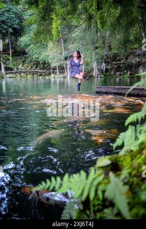 Lächelnde Frau, die auf einer Seilschaukel über einem See mit Koi-Karpfenfischen sitzt, Indonesien Stockfoto