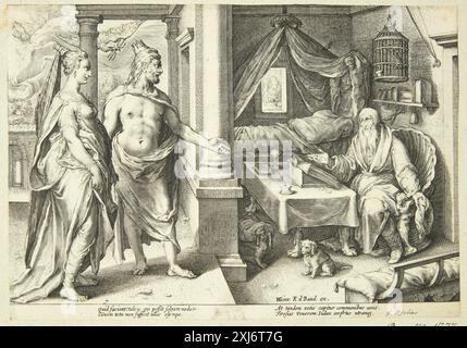 Kupferstich mit Jupiter und Juno, die den Propheten Teiresias konsultieren, erstellt von Hendrick Goltzius im späten 16. Bis frühen 17. Jahrhundert. Stockfoto