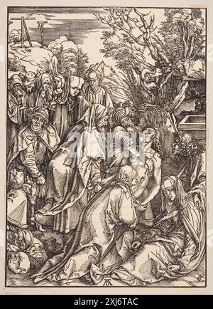 Holzschnitt von Albrecht Dürer, der die Abschrift Christi zeigt, mit Figuren, die den Leichnam Christi vom Kreuz absenken, und die deutsche religiöse Druckerei des 16. Jahrhunderts illustriert. Stockfoto