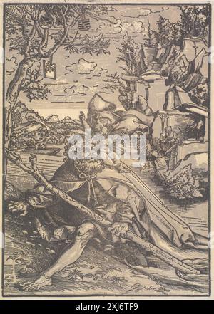Dieser Holzschnitt von Lucas Cranach dem Älteren zeigt den hl. Christoph mit dem Christuskind und zeigt religiöse Ikonographie, Landschaftshintergrund und detaillierte Figurendarstellung, die typisch für deutsche Drucke des 16. Jahrhunderts ist. Stockfoto