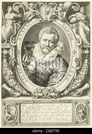 Porträt von Vincent Jacobsz. Coster Matham, Jacob 1571 - 1631, Ketel, Cornelis 1548 - 1616 Kupferstich, Print The Illustrated Bartsch 4, niederländische Künstler, Matham, Saenredam, Müller, Walter L. Strauss, 169, C 36168, 1980. The New Hollstein Dutch and Flämische Radierungen, Stiche und Holzschnitte 1450-1700, Jacob Matham, Part I-III, Léna Widerkehr, 237, C 38244, 2007-2008 Portræt af Vincent Jacobsz. Coster Stockfoto