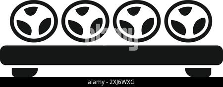 Schwarzes einfaches Symbol mit vier Rädern auf einem Fließband Stock Vektor
