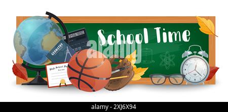 Back to School Banner mit Bildungsmaterial auf grüner Tafel, Vektor-Hintergrund. Back-to-School-Banner mit Schülerpapier, Mathematik Calc Stock Vektor