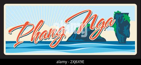 Phang Nga Changwat, Provinz Thailand, thailändisches Territorium. Vektor-Reiseplatte, Vintage-Schild, Retro-Postkartendesign. Karte oder Souvenirplakette mit Islan Stock Vektor