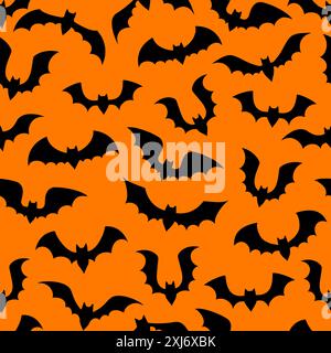 Halloween Fledermäuse Wolken nahtloses Muster. Eindringlich elegante Vektorfliese mit einem nächtlichen Tanz geflügelter Vampirkreatur-Silhouetten gegen ein My Stock Vektor
