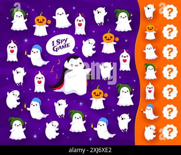 Kids I Spion Spiel, Halloween süße Kawaii Geisterfiguren passend zum Puzzle Quiz. Vektor-Arbeitsblatt des mathematischen Bildungsspiels, Halloween-Feiertagsgeister Person Stock Vektor