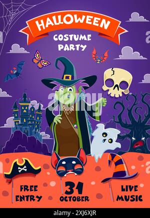 Halloween-Feiertagsparty-Flyer mit lustiger Hexe, die Schädelmaske hält, für das ultimative Foto-Erlebnis in der Nähe. Vektorbanner mit gespenstischem Schloss mit Stock Vektor
