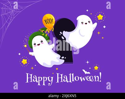 Lustige Halloween-Kawaii-Geister im Schlüsselloch für Feiertagsgruselnacht, Cartoon-Vektor. Fröhliche Halloween-Begrüßung mit süßen Buh-Geistern in Hexenhut mit mag Stock Vektor