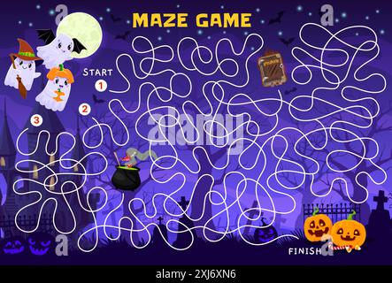 Halloween Labyrinth Labyrinth Spiel. Hilf dem Geist der Kawaii, ein Zauberbuch und Kürbisse zu finden. Labyrinth Kinderrätsel, Suchpfad Kinder Vektor spielen Aktivität Arbeit Arbeit Stock Vektor