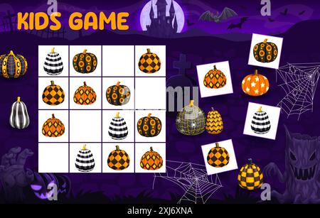 Kinder Halloween-Sudoku-Spiel-Arbeitsblatt mit gemusterten Kürbissen. Logikpuzzle, Sudoku-Spiel für Kinder oder Rätsel-Vektor-Arbeitsblatt, Remo-Kinder-Quiz mit Hall Stock Vektor