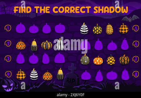 Finde den richtigen Schatten von Kürbissen mit Halloween-Muster, Spielquiz für Kinder. Vektor-Arbeitsblatt mit Halloween-Feiertags-Kürbis-Laternen passend Puzzle auf Mitte Stock Vektor