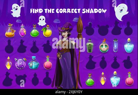 Halloween-Kinderspiel. Hilf der Hexe, einen richtigen Schatten für Tränkflaschen zu finden. Silhouette Find, Schatten Match Kinder Spiel Vektor-Arbeitsblatt mit Hexe und Geist Stock Vektor
