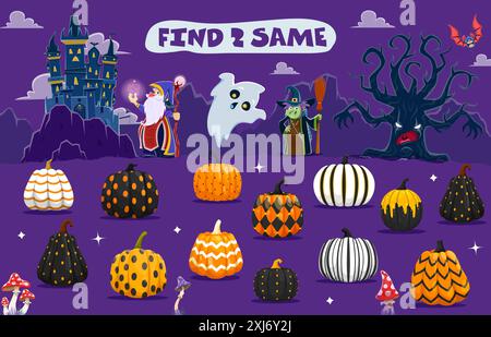 Hilfe zum Zauberer finde zwei gleiche Halloween gemusterte Kürbisse Kinder Quiz Spiel Vektor Arbeitsblatt. Passendes Puzzle mit Cartoon Halloween Geist, Magier, Witz Stock Vektor