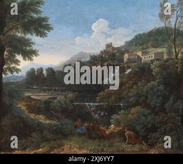 Ein Gemälde von Gaspard Dughet und Jan Frans van Bloemen, das eine arkadische Landschaft mit pastoralen Landschaften, Bäumen und klassischen Merkmalen darstellt. Stockfoto