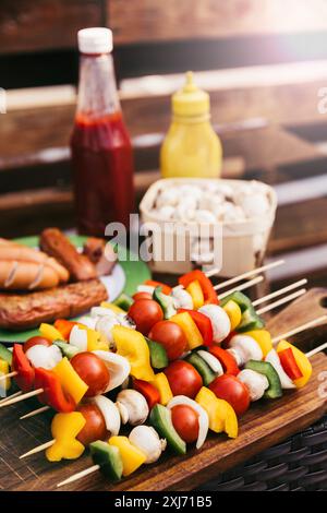 Detailansicht von Gemüse mit Pilzen im Freien auf hölzernen Tisch Stockfoto
