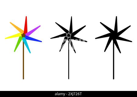Farbenfrohe Pinwheel-Symbol. Versionen mit schwarzer Silhouette. Lustiges, verspieltes Design. Drehbare Windmühle. Stock Vektor