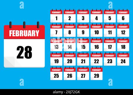 Nummerierte Datumsangaben. Vektorsymbole. Blauer Hintergrund. Februar-Header. Stock Vektor