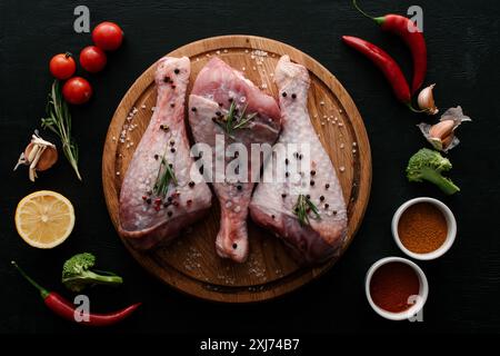 Flach mit der Türkei Beine auf Holz Schneidebrett mit Gemüse und Gewürze Stockfoto