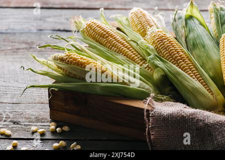 Nahaufnahme Blick auf raw Maiskolben in Box mit sack Tuch auf Holz- Oberfläche Stockfoto