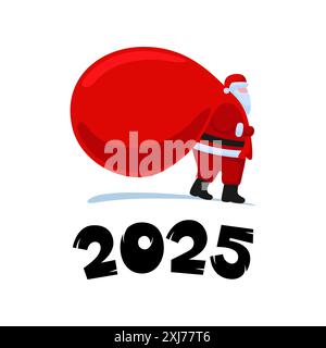 Weihnachtsmann Comic Figur kommt und trägt große schwere Geschenke rote Tasche. Weihnachten und Happy New Year 2024 Weihnachtsgrußkarte auf weißem Hintergrund. Jährliche Feier Kalender EPS Illustration Stock Vektor