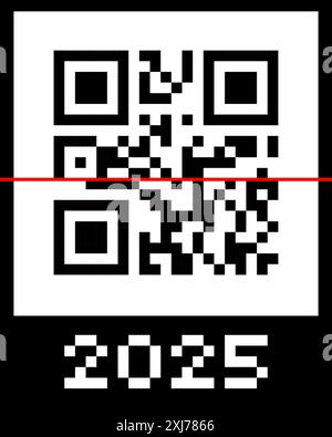 Realer QR-Code 2025 mit roter Scanzeile. Designvorlage für das Barcode-Konzept für das neue Jahr. Vektor-EPS-Illustration für Banner, Poster, Grußkarte, Einladung. Eps Stock Vektor