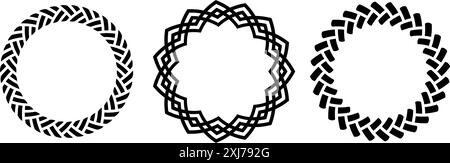 Kreis-Rahmen-Set mit Retro-Knoten. Vintage keltische Kollektion mit runder Borte. Zopf- und Seidenverzierung sowie Motivmuster für Banner, Poster, Rahmen, Rahmen. Schwarze runde Designelemente im Paket. Vektorpaket Stock Vektor