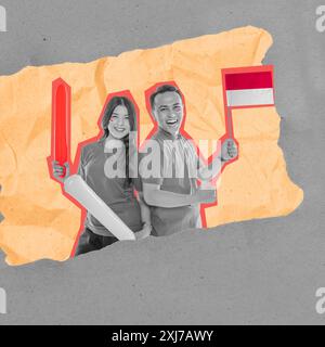 Ein Mann und eine Frau halten eine rot-weiße Fledermaus und eine rot-weiße Flagge. Indonesisches Unabhängigkeitstag-Konzept Stockfoto