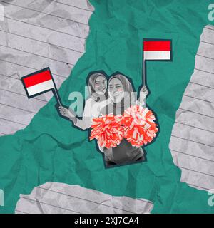 Zwei Frauen halten Fahnen und Cheerleader-Pompons. Das Bild ist eine Collage aus verschiedenen Formen und Farben, mit einem Fokus auf die Menschen und ihre fla Stockfoto