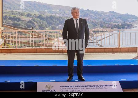 Villa San Giovanni, Italien. Juli 2024. Minister Antonio Tajani wurde vor der Sitzung gesehen. Das Treffen des Handelsministers der G7-Gruppe traf in Villa San Giovanni im Hotel Altafiumara mit Vertretern der EU-Kommission, der Internationalen Organisation und der Outreach-Länder (Brasilien, Chile, Türkei, Indien, Vietnam, Neuseeland, Kenia und Südkorea). (Foto: Valeria Ferraro/SOPA Images/SIPA USA) Credit: SIPA USA/Alamy Live News Stockfoto