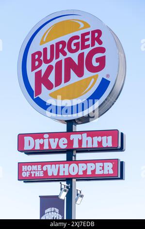Burger King Hamburger Restaurant Schild, Moorhouse Avenue, Christchurch Central, Christchurch (Ōtautahi), Canterbury, Neuseeland Stockfoto