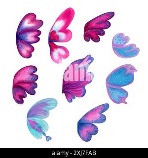 Set aus Schmetterlingsflügeln, bestehend aus herzförmigen Elementen. Aquarellillustration für Vorlagenkarten, Poster, Einladungen zum Valentinstag, Hochzeit Stockfoto