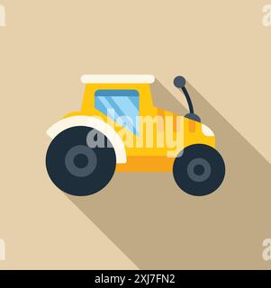 Gelber Traktor auf dem Feld, Landwirtschaftsfahrzeug für Ackerland, Landwirtschaft und Ernte, flaches Zeichentricksymbol mit langem Schatten Stock Vektor